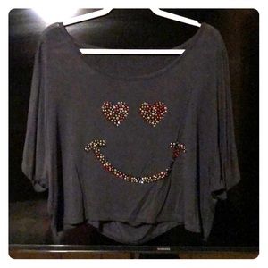 Grey crop Smiley face shirt, slits in back